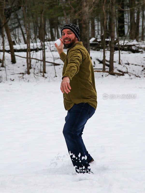 Bearded Man Having Snowball Fight Throwing Snowball